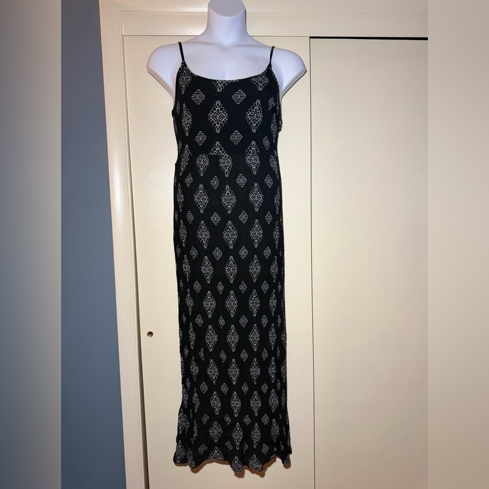 Black Printed Spaghetti-Strap Boho Gauzie Maxi Dress Smocked Back Size XL